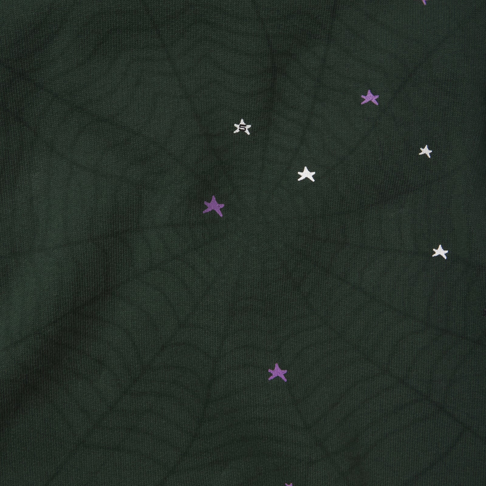 Heavy dark green cotton fleece hoodie featuring a subtle web graphic print and scattered white and purple puff-print stars.