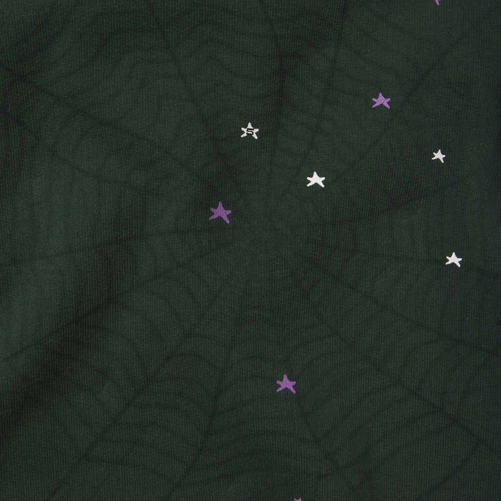 Heavy dark green cotton fleece hoodie featuring a subtle web graphic print and scattered white and purple puff-print stars.
