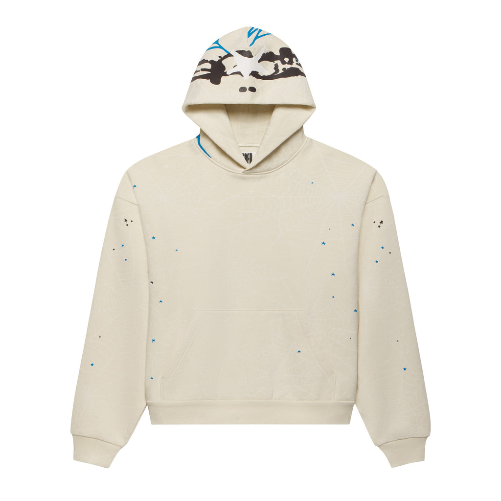 Heavyweight cream cotton hoodie with scattered star prints, a kangaroo pocket, and a graphic web design on the hood.