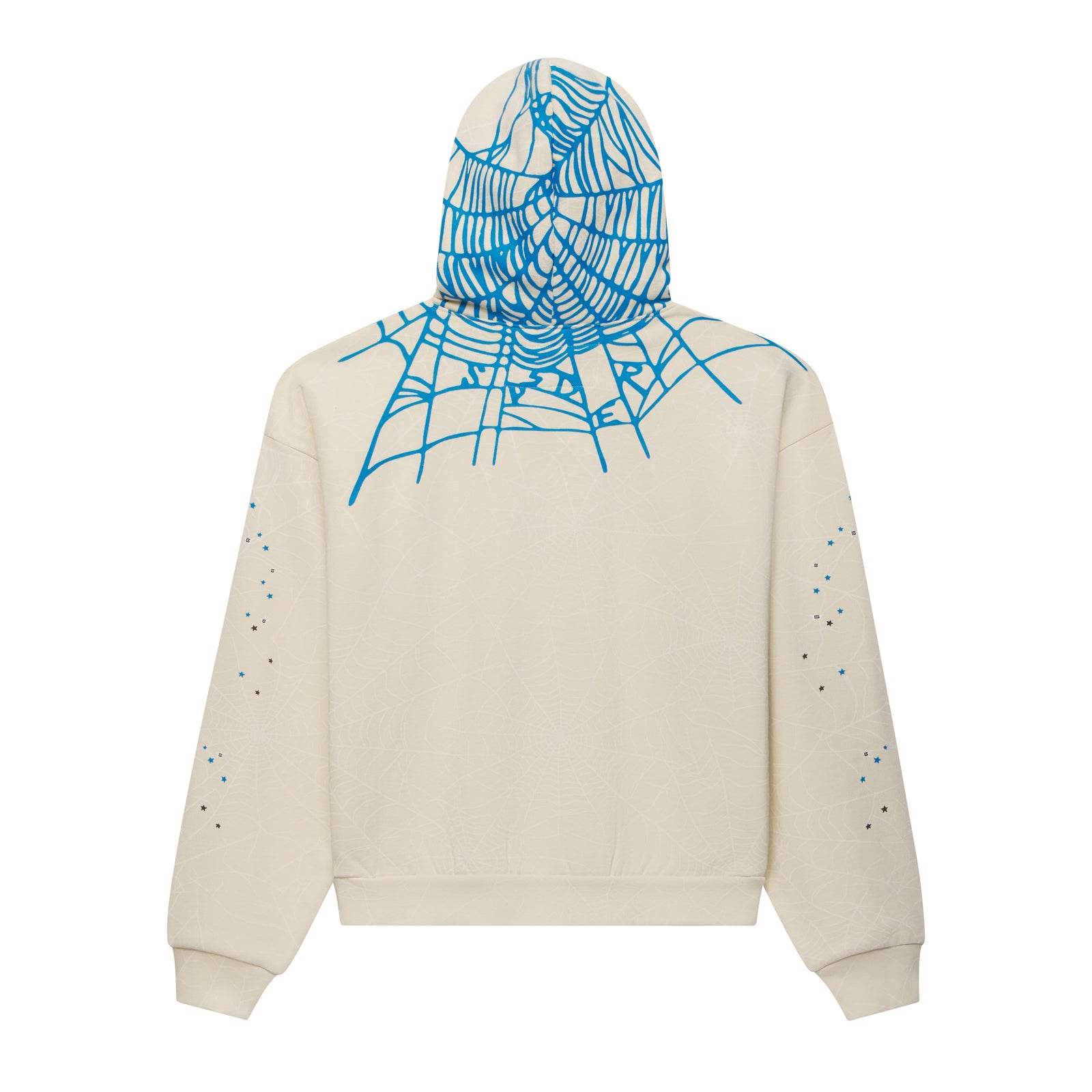 Beige heavy cotton fleece hoodie featuring a blue web graphic on the hood and shoulders with scattered star prints.
