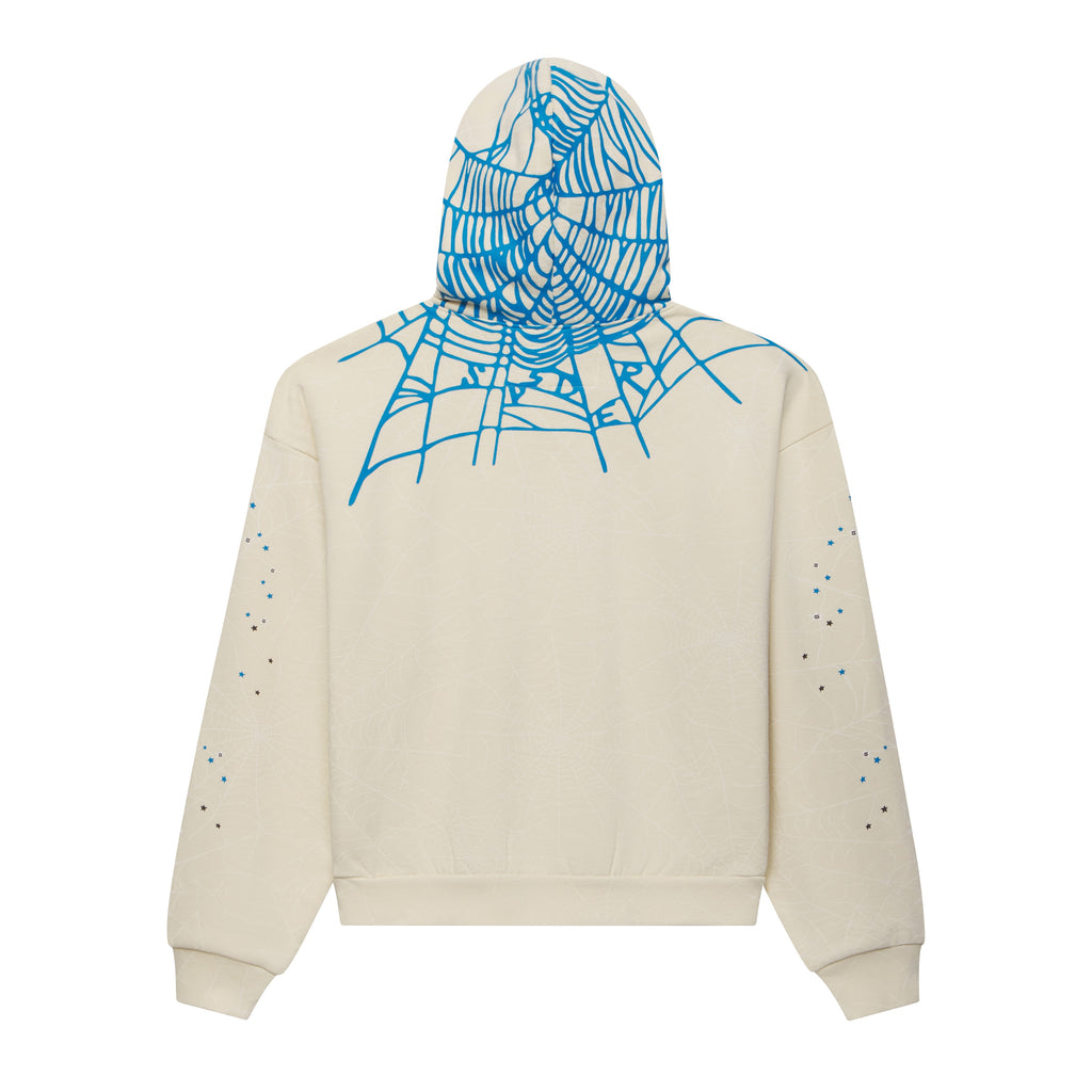 Beige heavy cotton fleece hoodie featuring a blue web graphic on the hood and shoulders with scattered star prints.