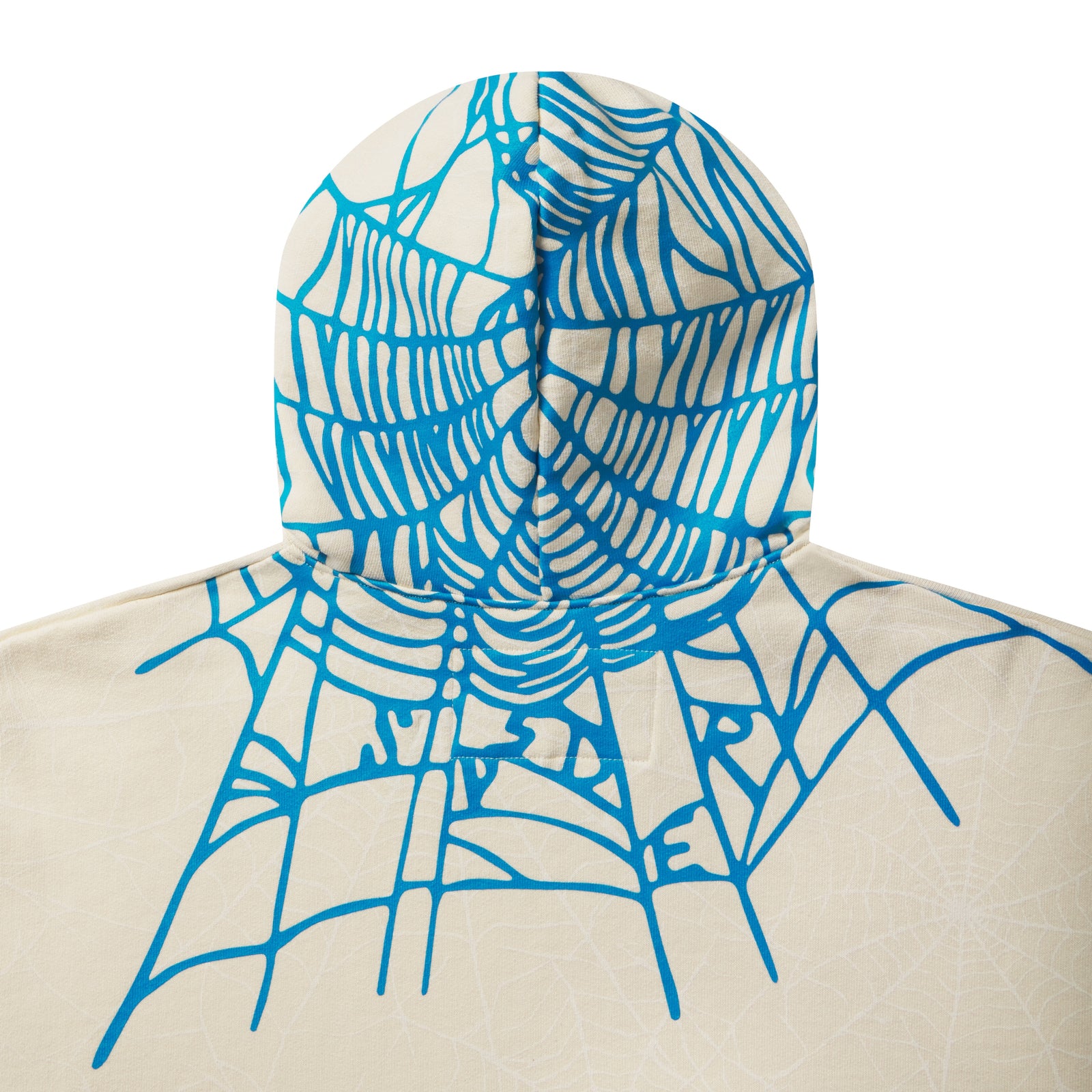 Heavyweight cream cotton fleece hoodie featuring a blue graphic web print extending from the hood to the shoulders.