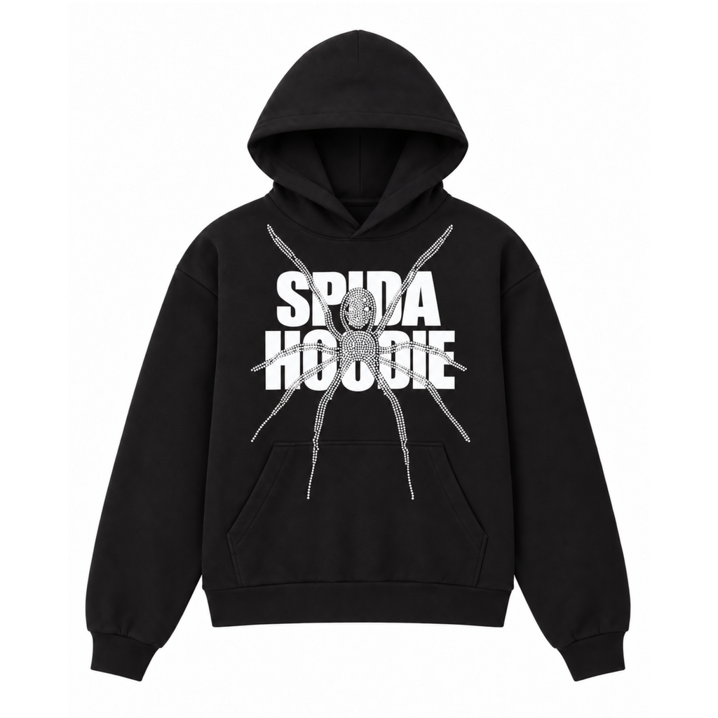 Black 13oz cotton fleece hoodie featuring a white Spida graphic print, kangaroo pocket, and ribbed cuffs.