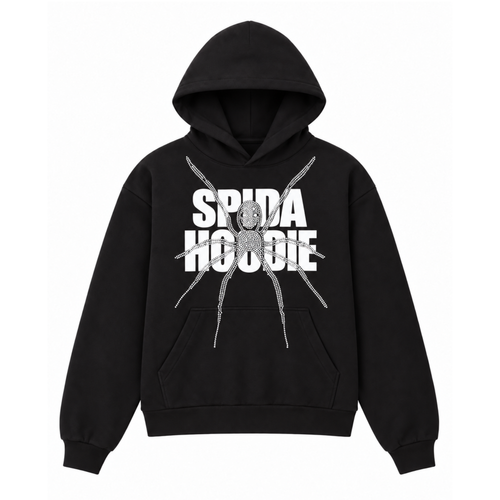 Black 13oz cotton fleece hoodie featuring a white Spida graphic print, kangaroo pocket, and ribbed cuffs.