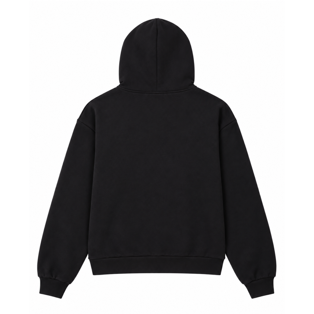 Back view of a black 13oz cotton fleece SPIDA hoodie with ribbed cuffs and hem.