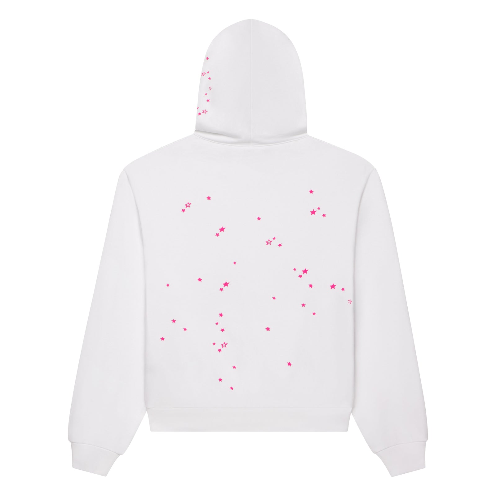 White french terry hoodie with scattered pink star print on back and hood.