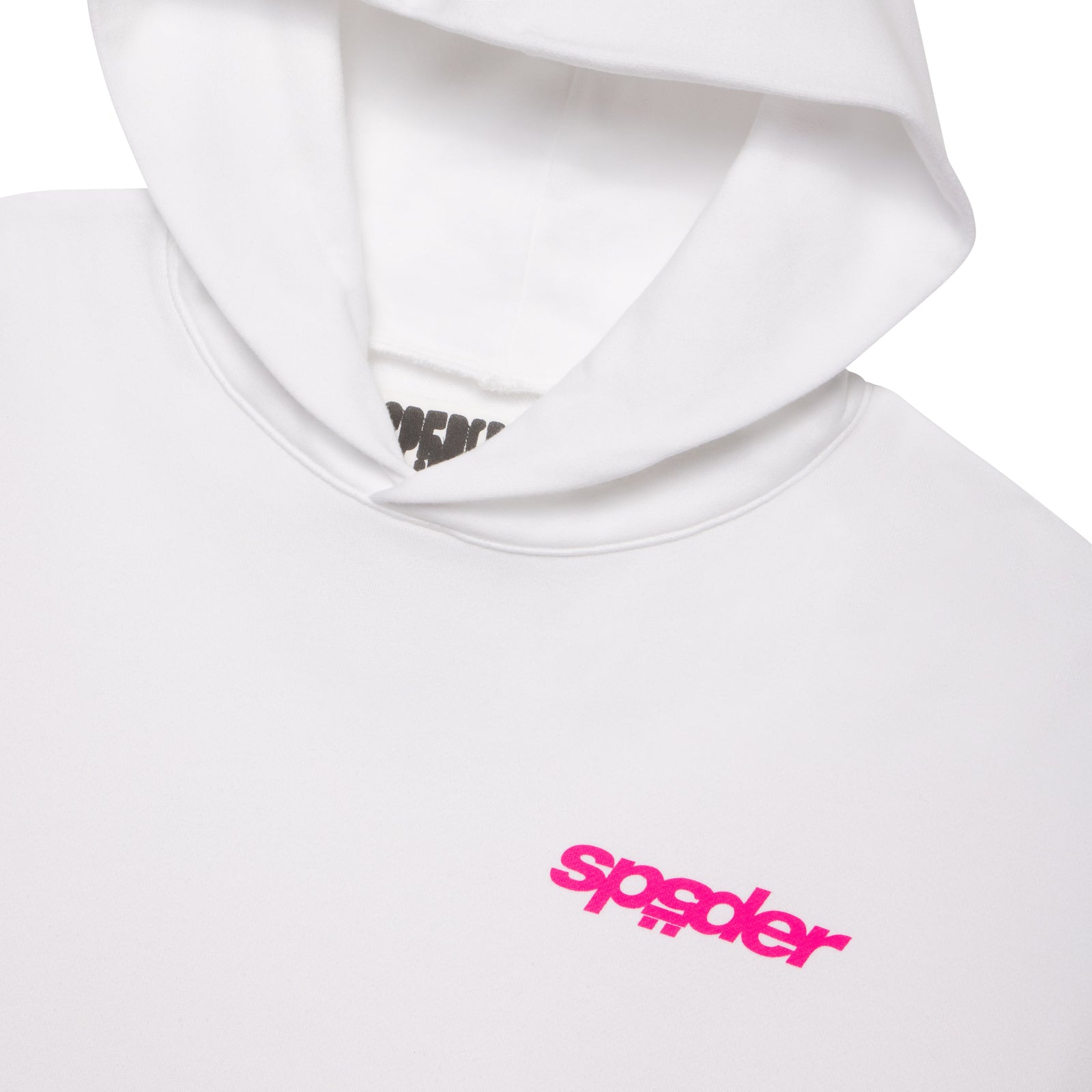 White french terry hoodie with a small pink "sp5der" graphic logo on the chest.