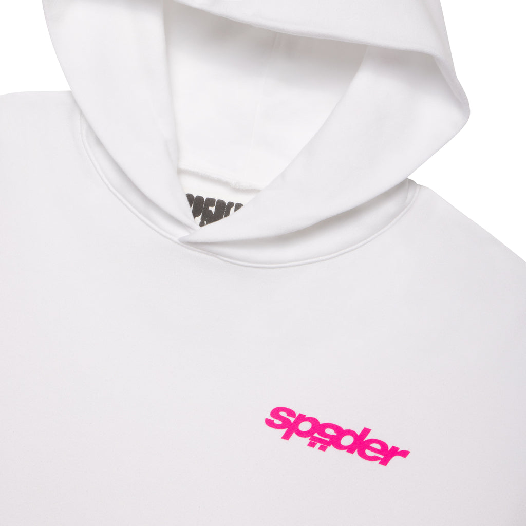 White french terry hoodie with a small pink "sp5der" graphic logo on the chest.
