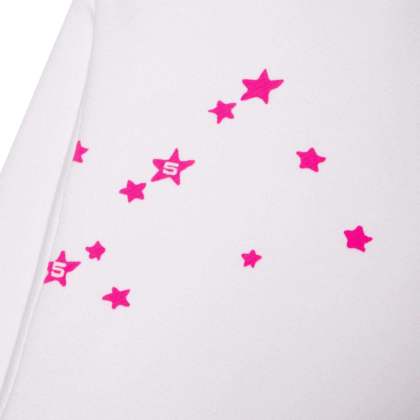 White french terry hoodie with scattered hot pink star print.