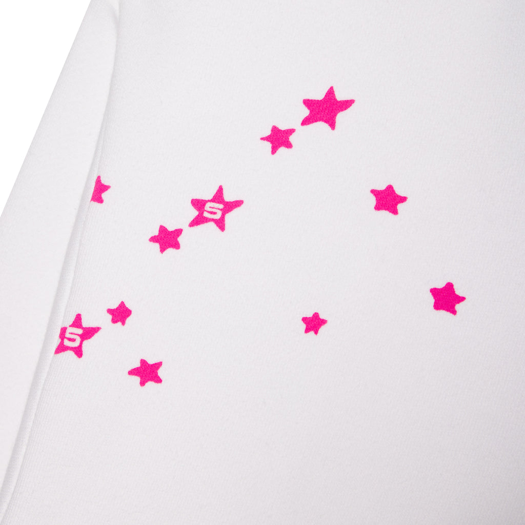 White french terry hoodie with scattered hot pink star print.