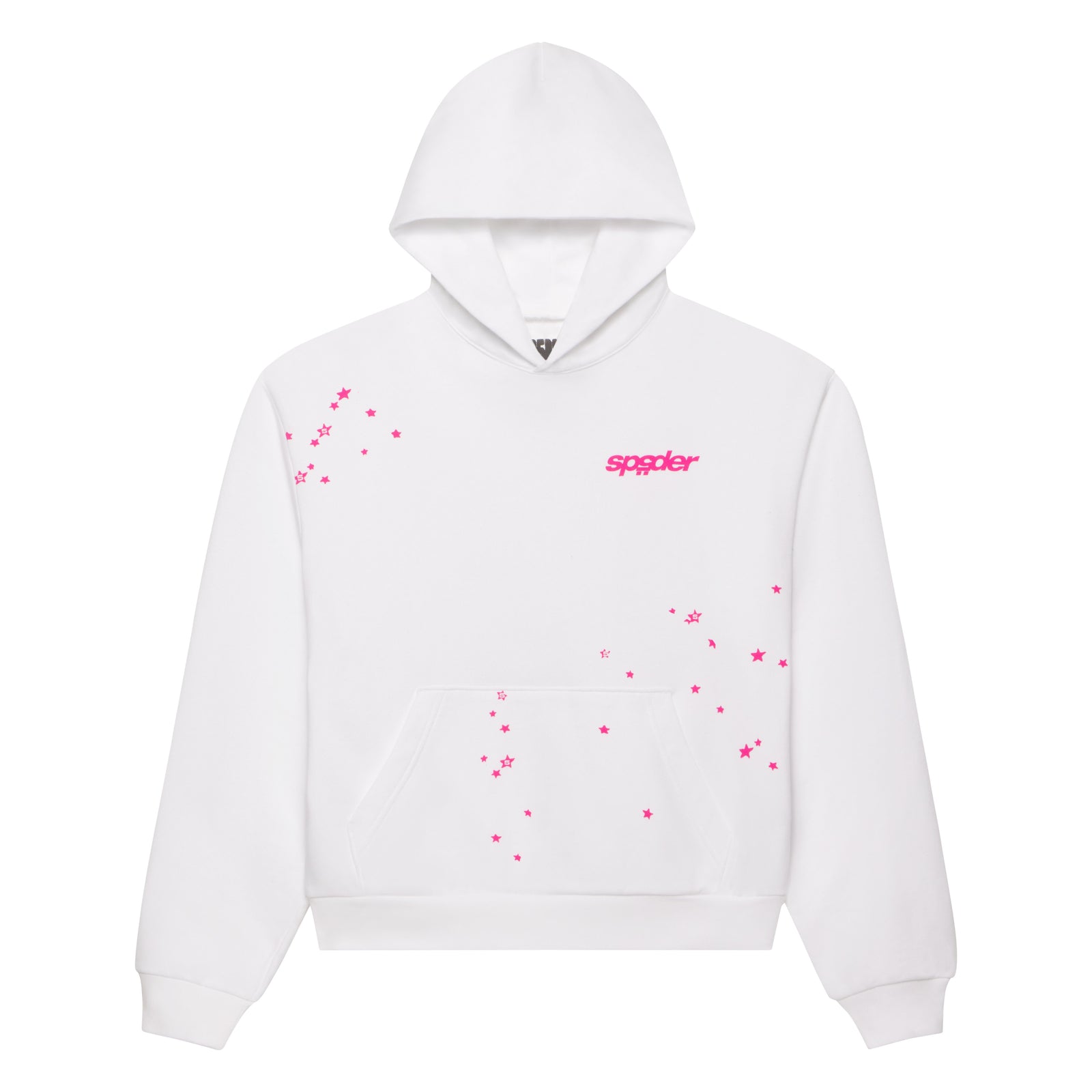 White french terry hoodie with pink "spggler" logo and scattered star print, kangaroo pocket.