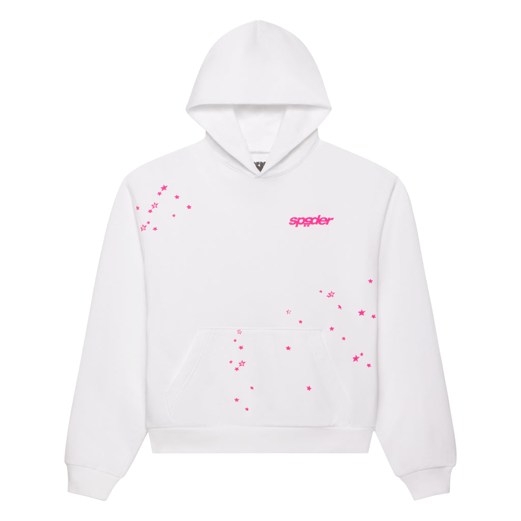 White french terry hoodie with pink "spggler" logo and scattered star print, kangaroo pocket.