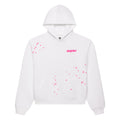 White french terry hoodie with pink "spggler" logo and scattered star print, kangaroo pocket.