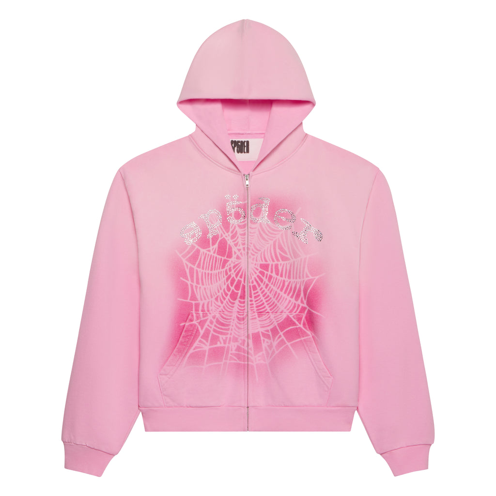Pink OG WEB V2 SPRAY ZIP HOODIE with a puff print spider web and rhinestone text graphic.