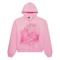 Pink OG WEB V2 SPRAY ZIP HOODIE with a puff print spider web and rhinestone text graphic.