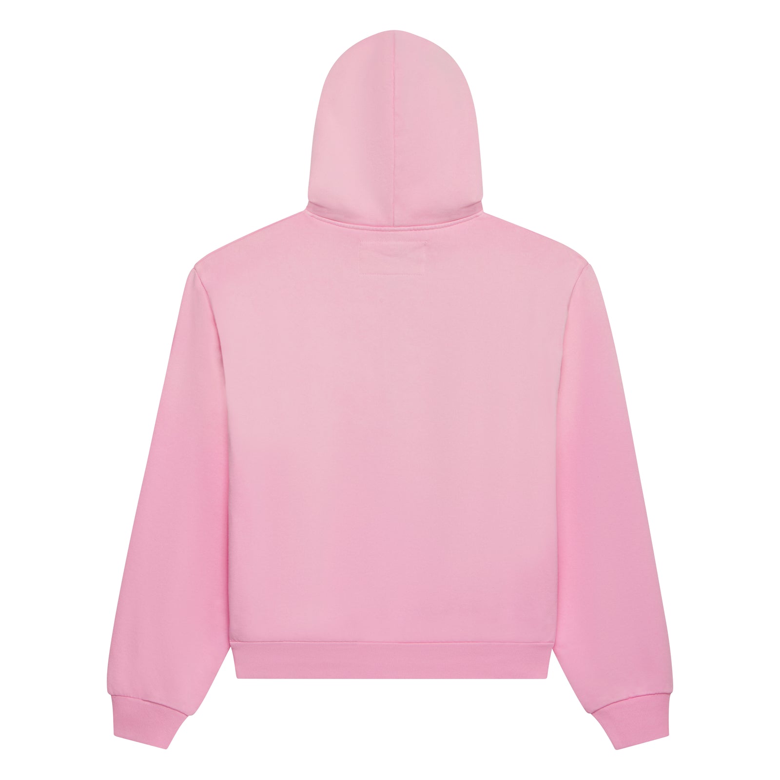 Pink 100% cotton fleece zip hoodie, back view.