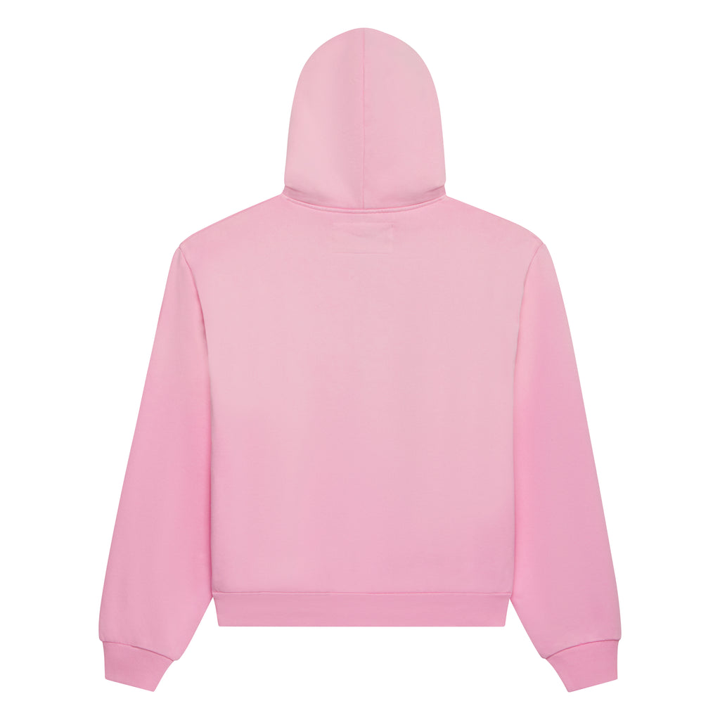Pink 100% cotton fleece zip hoodie, back view.