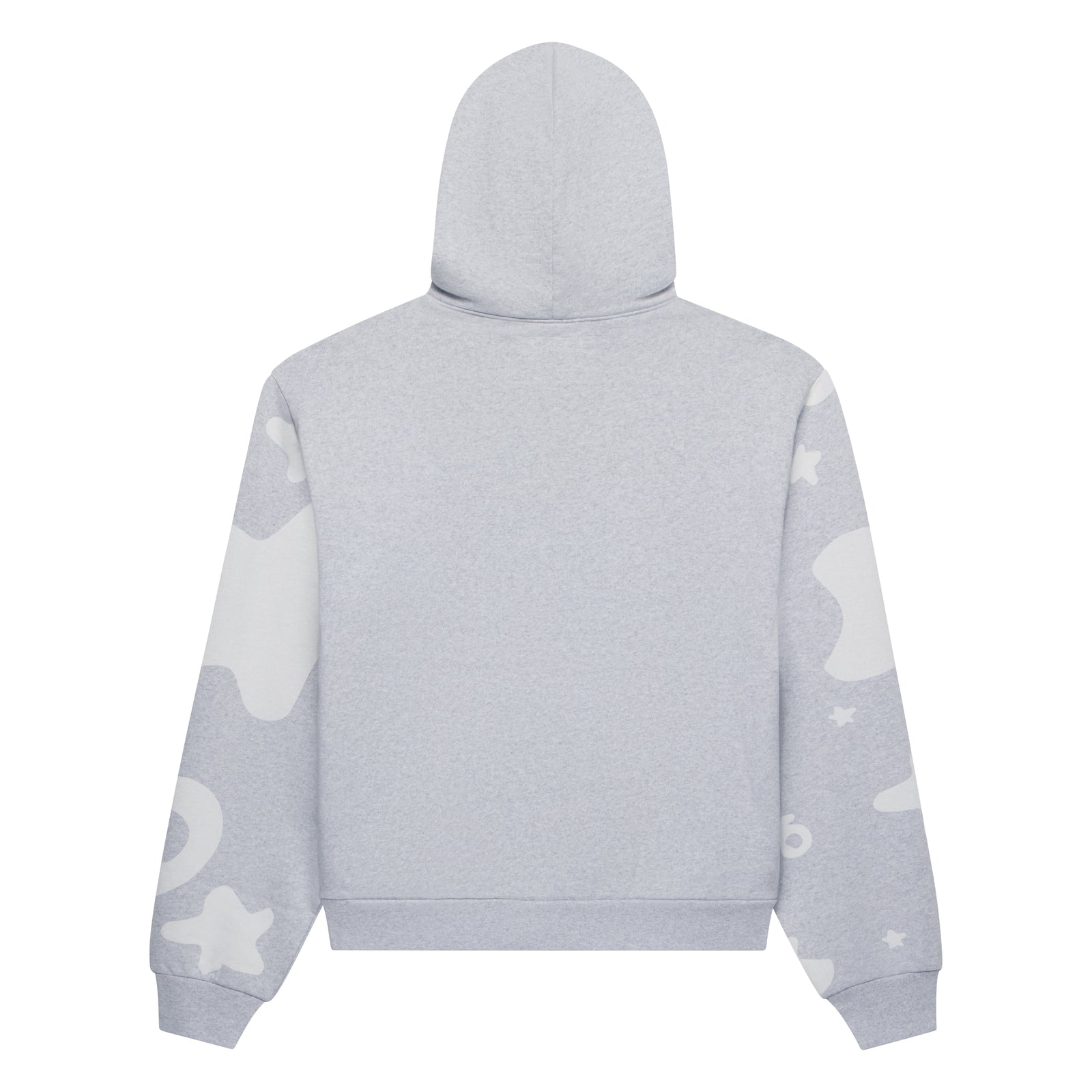 Back view of a light grey Beluga V2 hoodie with white puff print designs on sleeves.