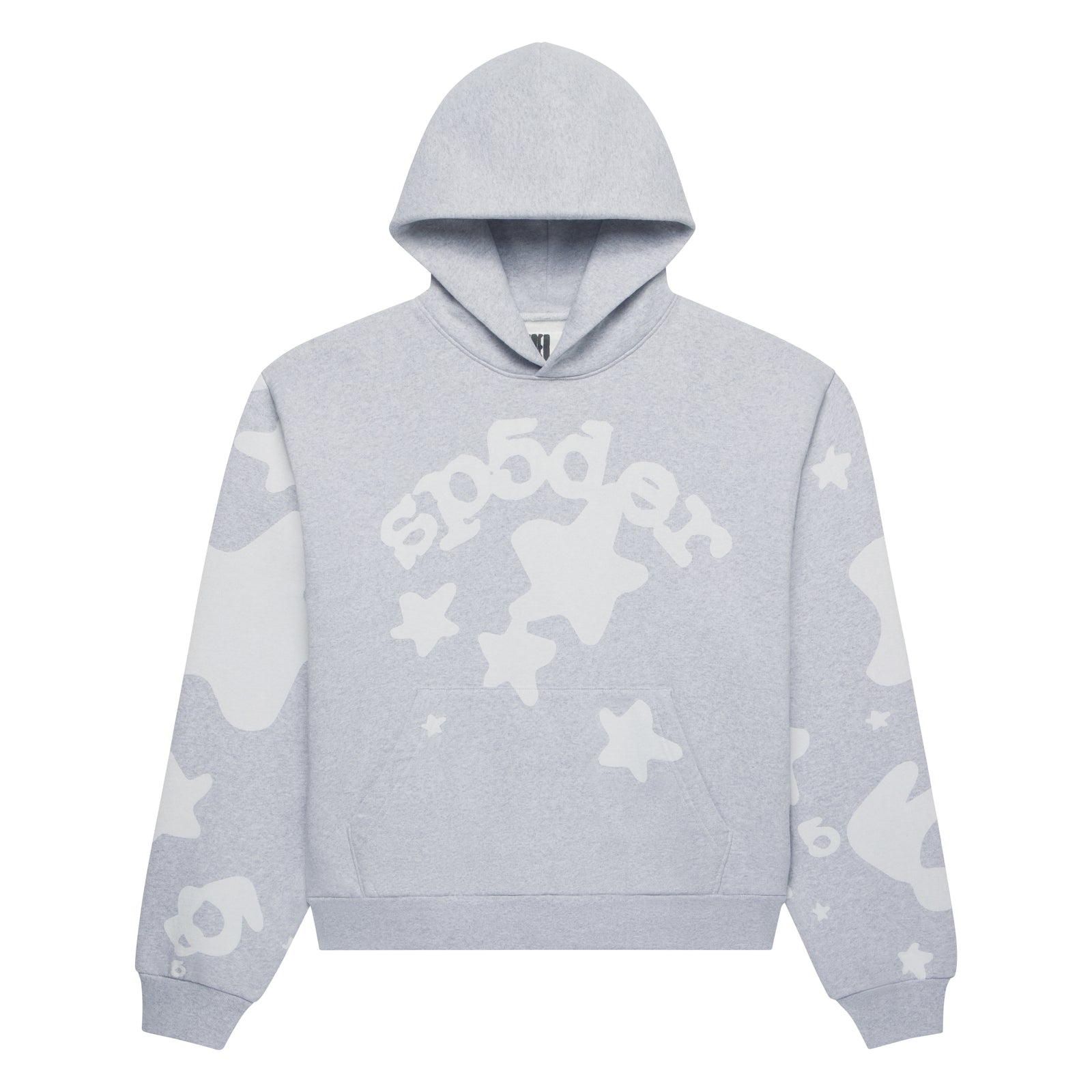 Light grey Beluga V2 hoodie with white puff print stars and "sp5der" text, kangaroo pocket, ribbed cuffs and hem.