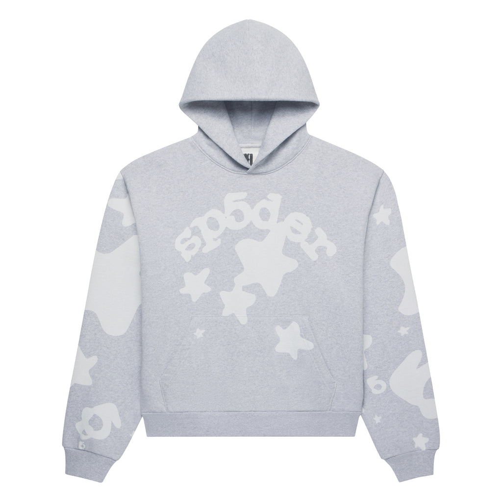 Light grey Beluga V2 hoodie with white puff print stars and "sp5der" text, kangaroo pocket, ribbed cuffs and hem.