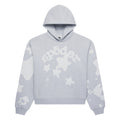 Light grey Beluga V2 hoodie with white puff print stars and "sp5der" text, kangaroo pocket, ribbed cuffs and hem.