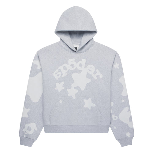 Light grey Beluga V2 hoodie with white puff print stars and "sp5der" text, kangaroo pocket, ribbed cuffs and hem.