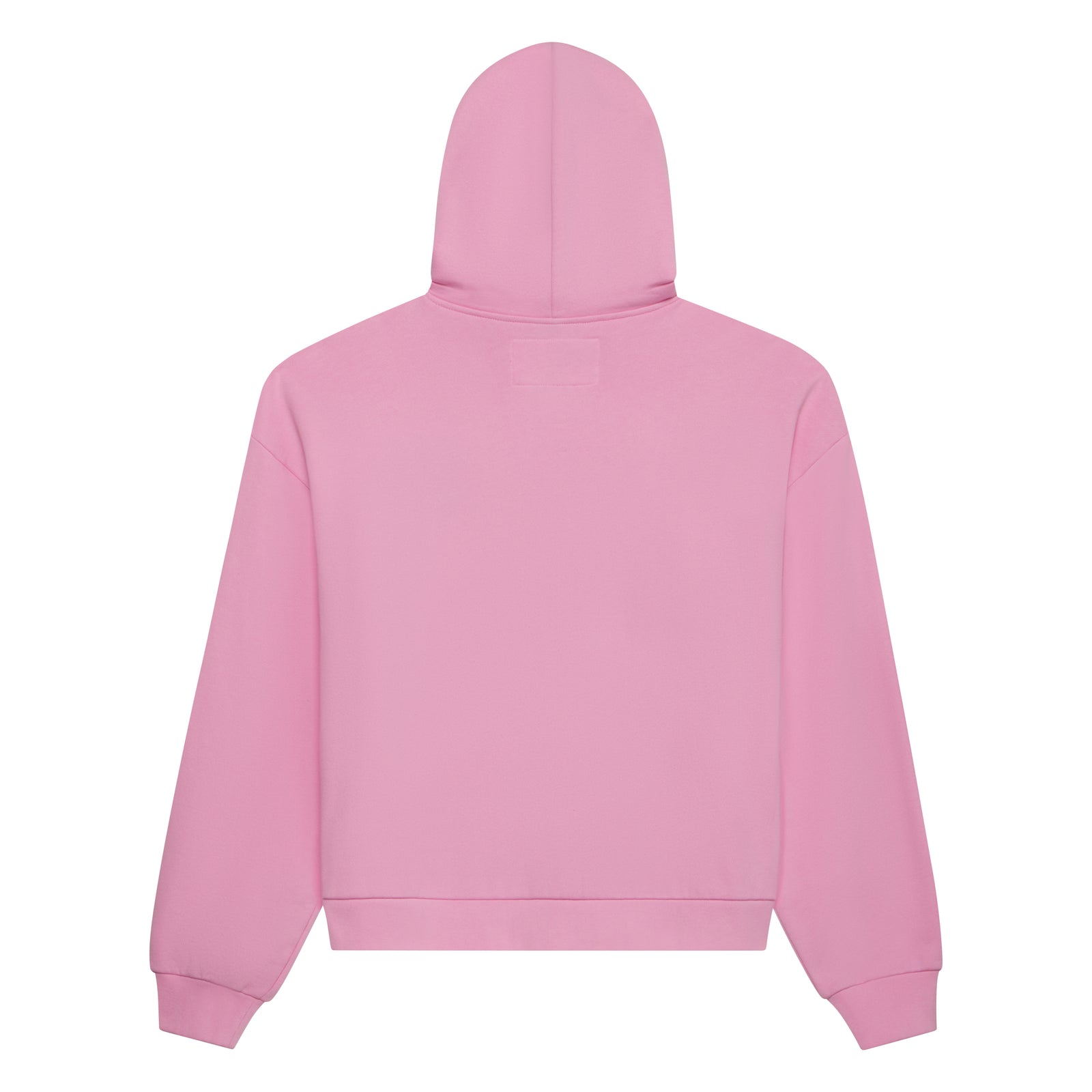 Back of a pink 13oz cotton fleece zip hoodie with a plain design.