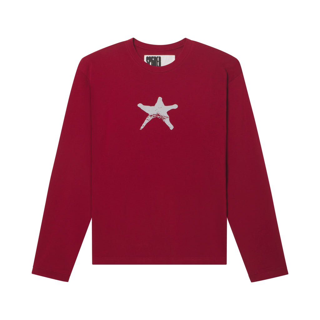 Standard fit, 100% cotton long sleeve tee in deep red with a distressed white star graphic print on the front.
