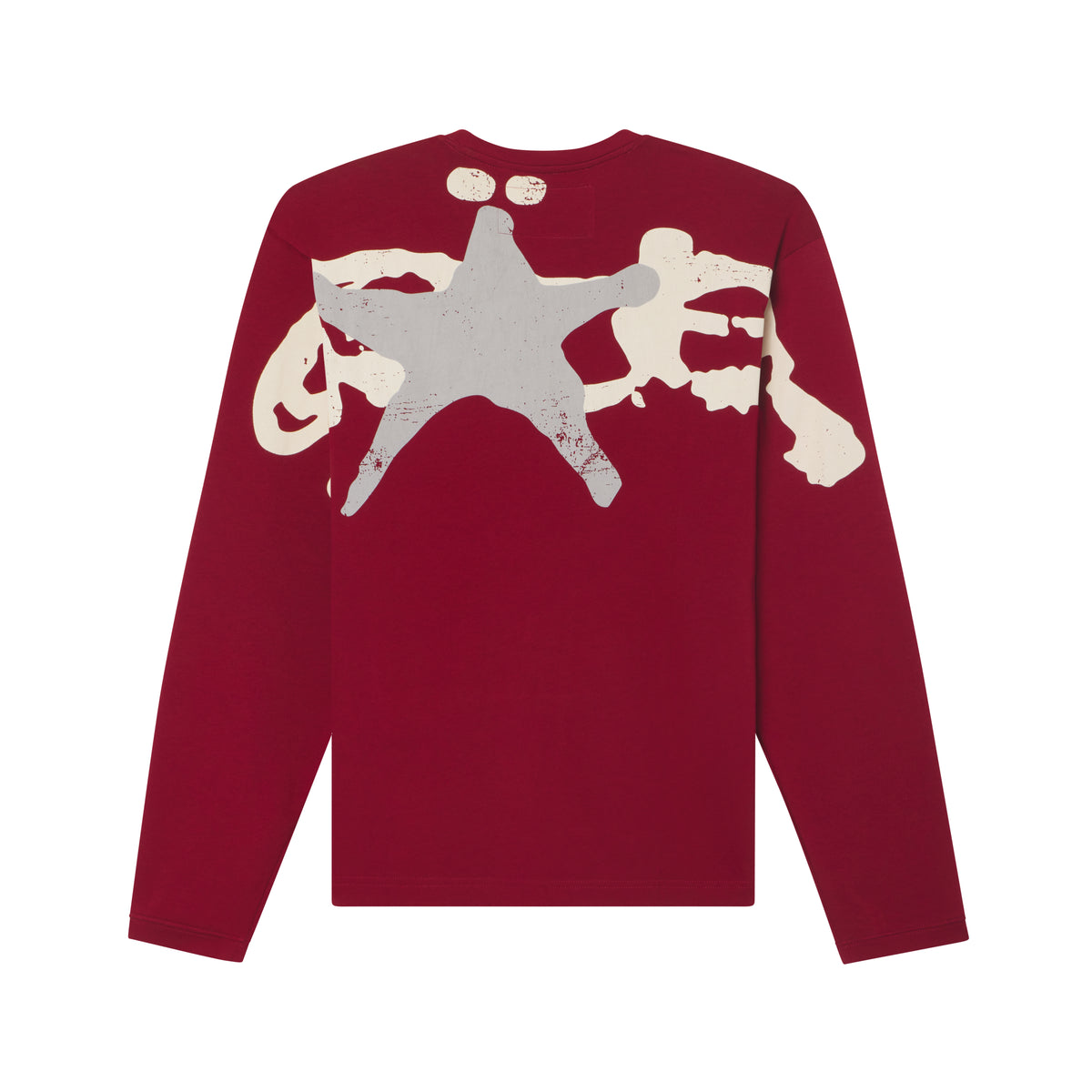 Maroon 100% cotton long sleeve tee with a distressed grey and cream star graphic print on the back.