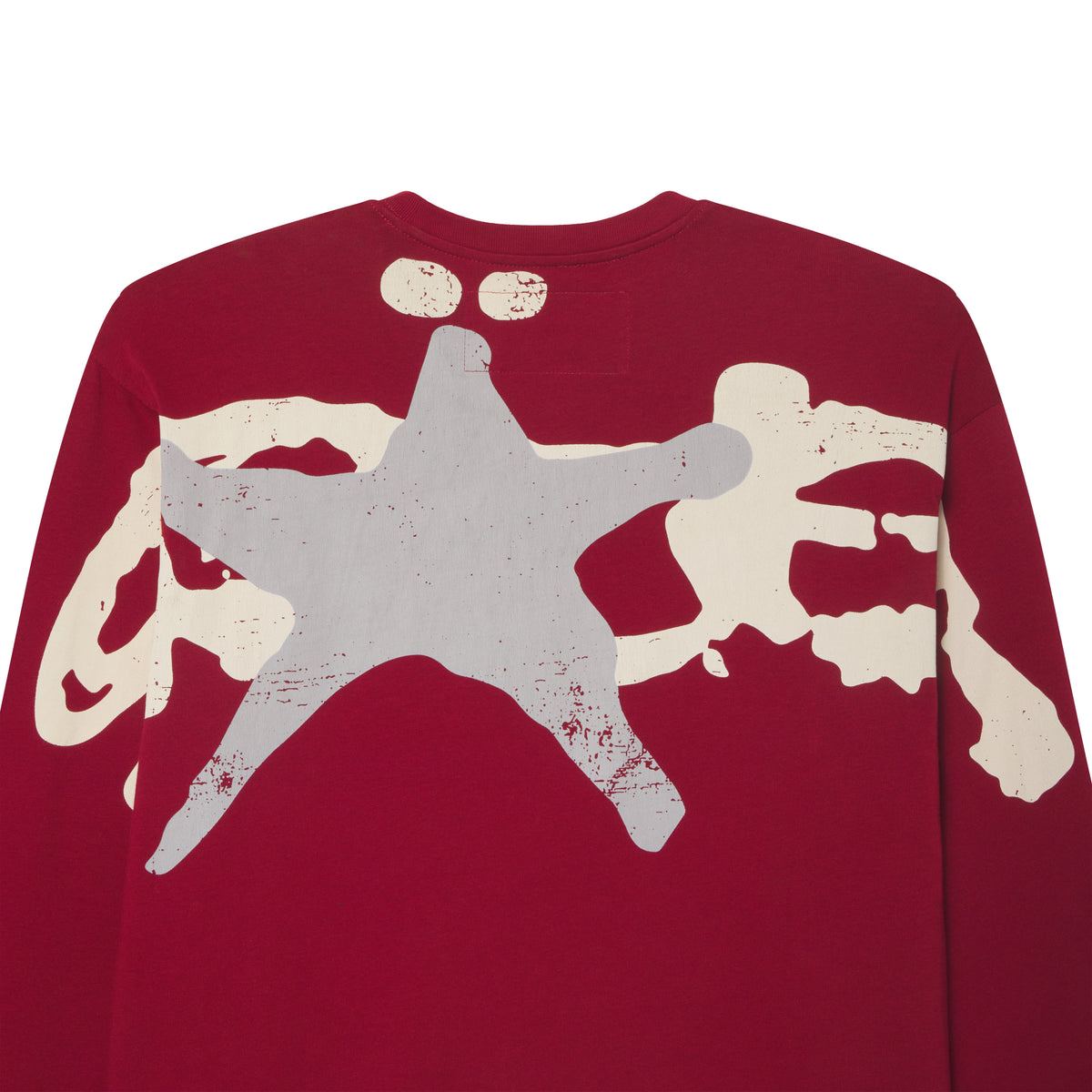 Maroon 100% cotton long sleeve tee featuring a distressed grey star and cream-colored abstract graphic print on the back.