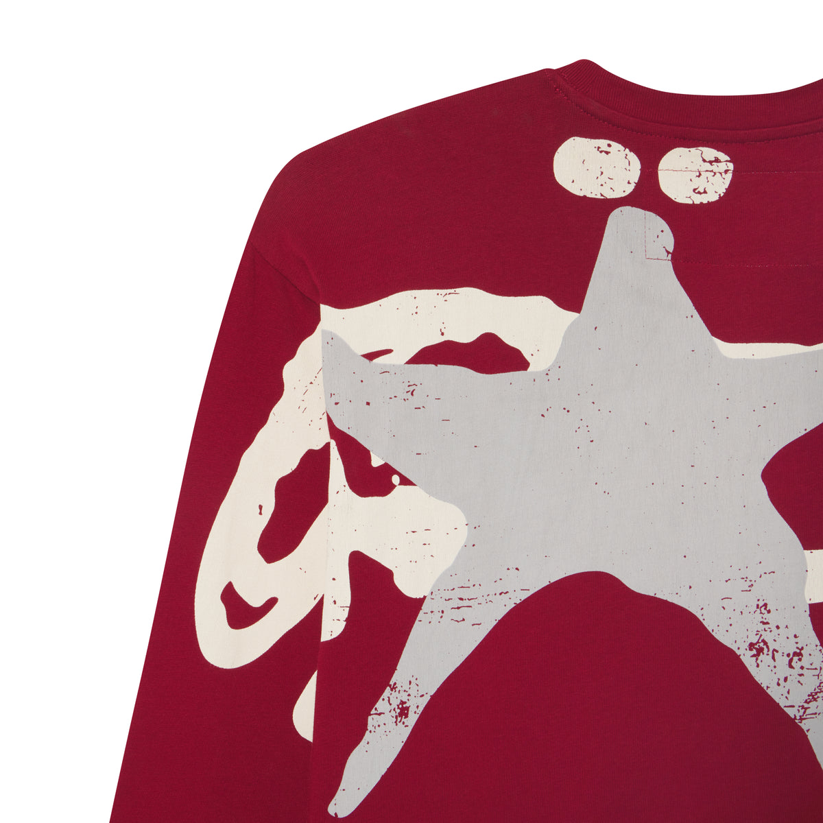 Maroon 100% cotton long sleeve tee featuring a distressed white and grey star graphic print on the shoulder and back.