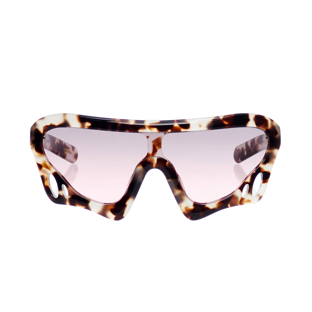 SP5 x FLATLIST 'BEETLE' sunglasses with tortoise Mazzucchelli acetate frames, pink tinted lenses, and unique cut-out details.