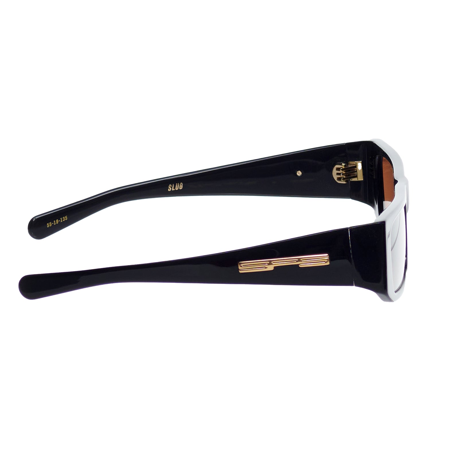 SP5 x FLATLIST 'SLUG' sunglasses with black acetate frames, brown lenses, and gold temple branding.