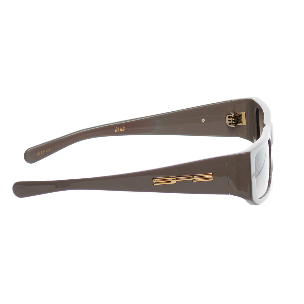 SP5 x FLATLIST 'SLUG' sunglasses with brown Mazzucchelli acetate frames and smoke gradient lenses.