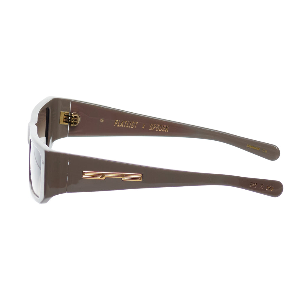 SP5 x FLATLIST 'SLUG' sunglasses, smoke brown gradient lenses, handcrafted Mazzucchelli acetate frame.