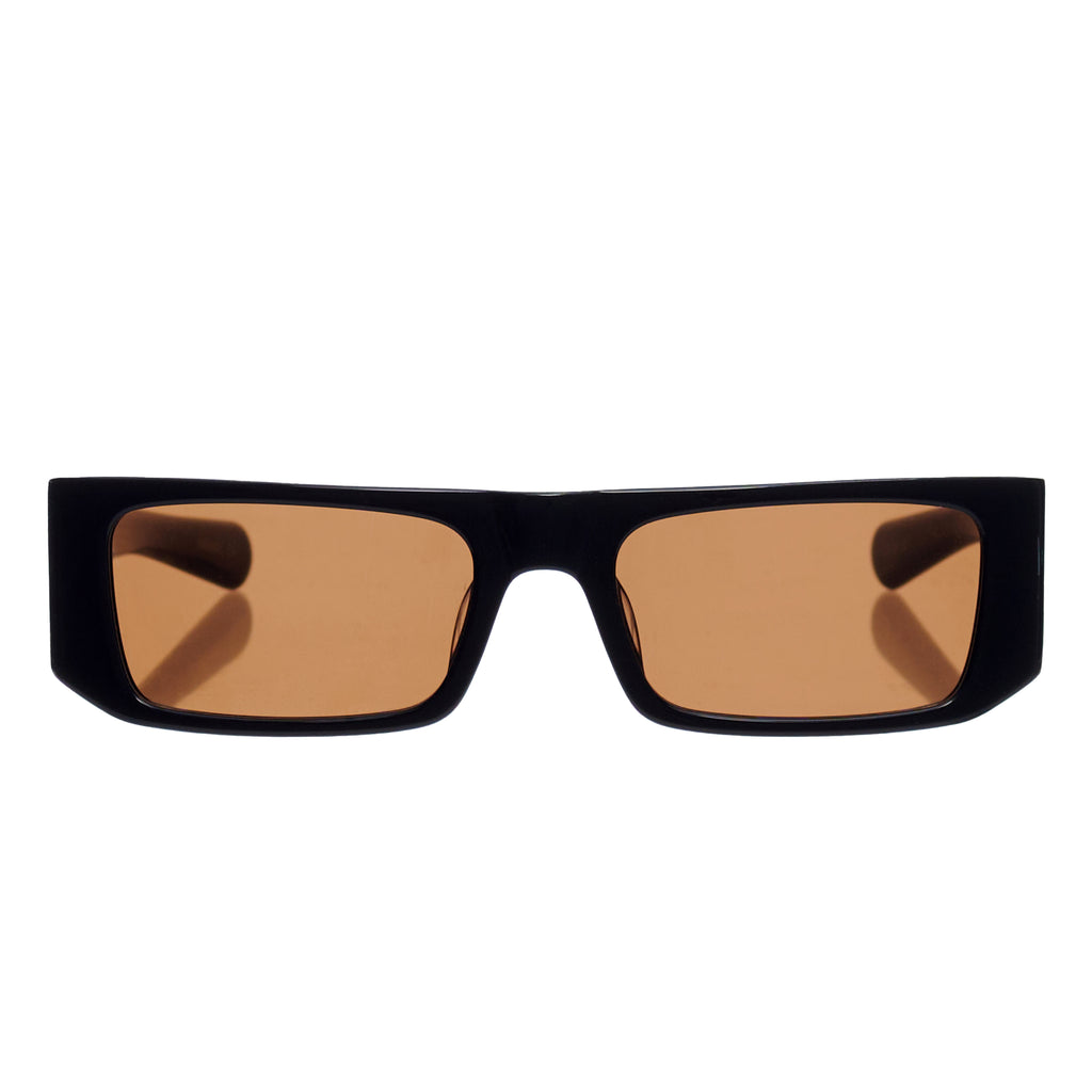 SP5 x FLATLIST 'SLUG' sunglasses with black Mazzucchelli acetate frame and brown lenses.