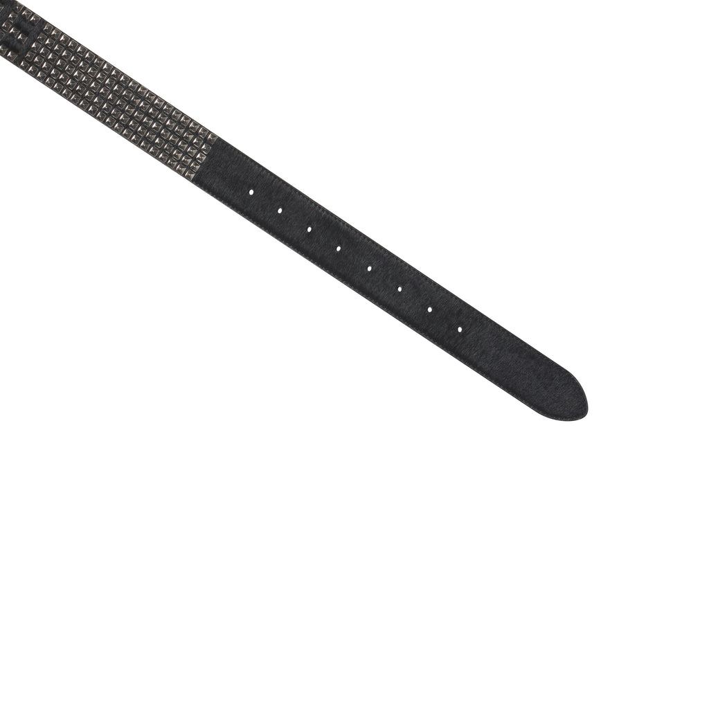 Black pony hair belt featuring silver-tone pyramid studs and a rounded tip with tonal stitching.