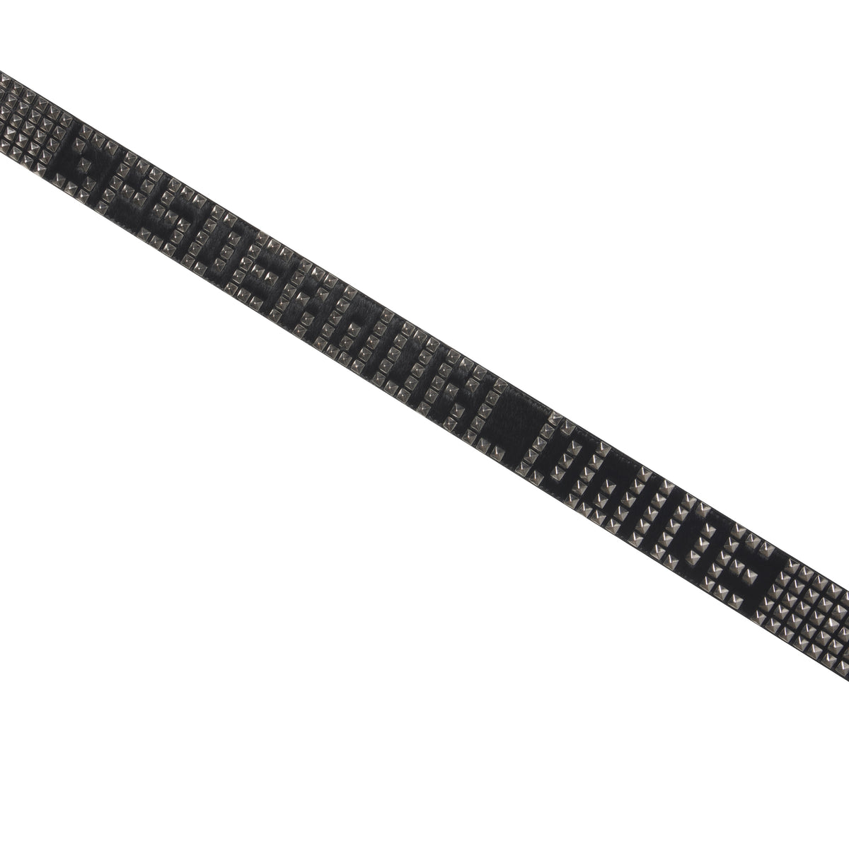 Black pony hair belt featuring silver-tone pyramid studs and studded logo lettering on a diagonal strap.