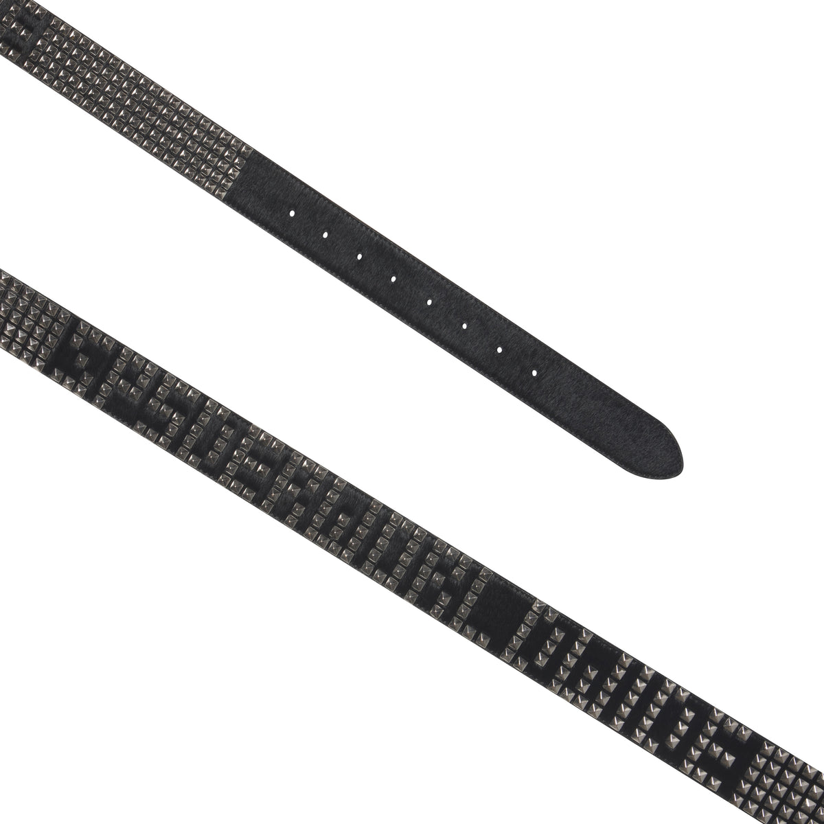 Black pony hair belt featuring silver-tone pyramid studs and graphic logo lettering with an adjustable prong closure.