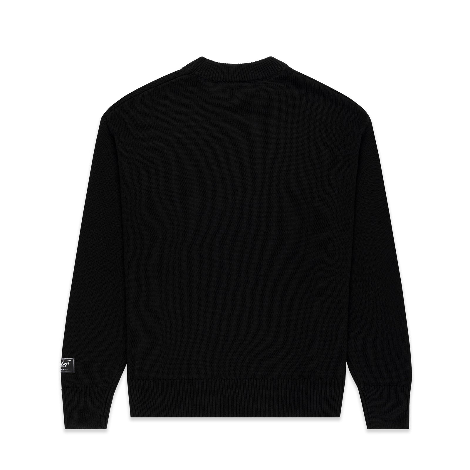Black knitted sweater with ribbed collar, cuffs, hem, and branded sleeve patch.