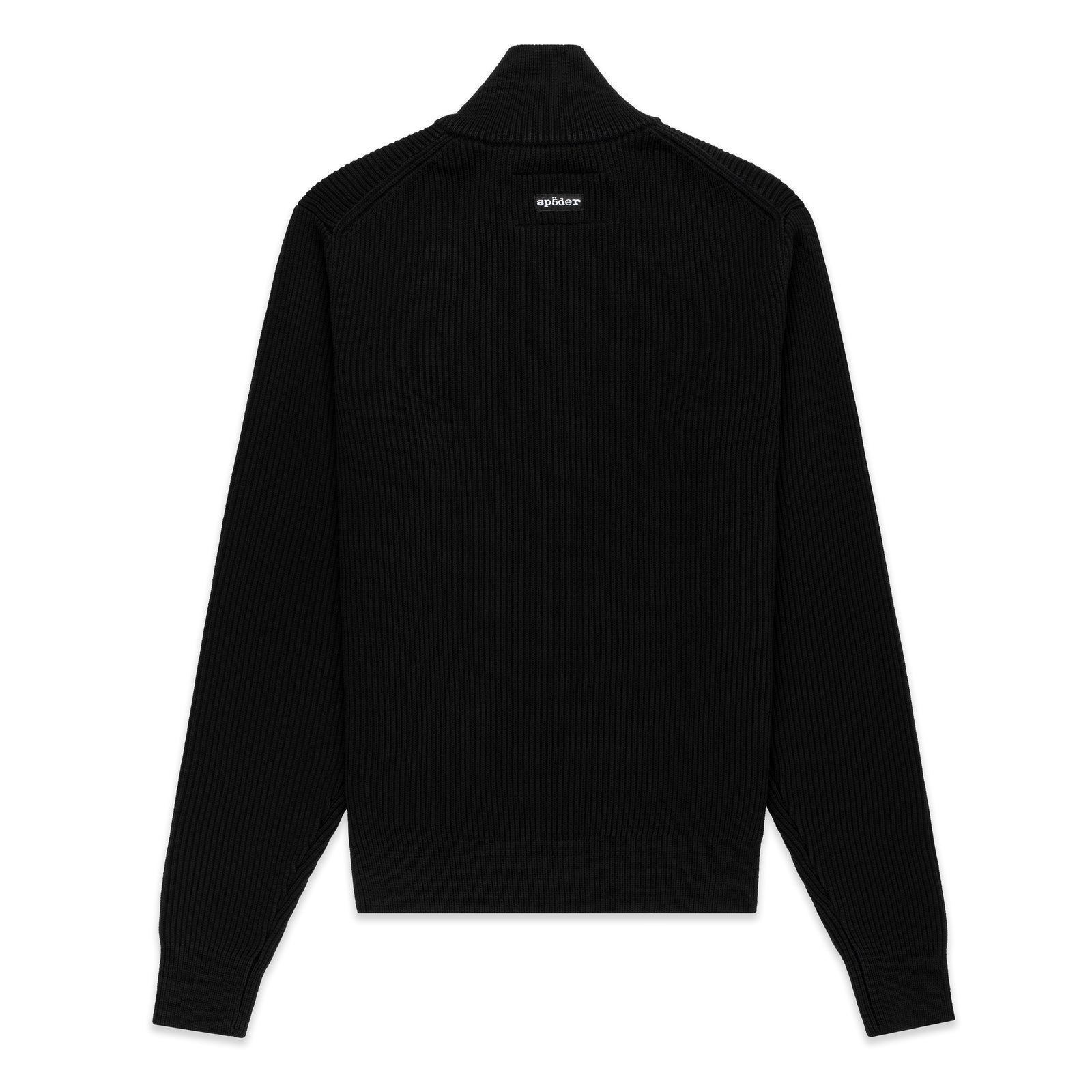 Black ribbed wool/cotton blend zip sweater with stand collar and graphic chest print.