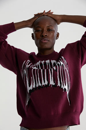 BURGUNDY ARACHNAPHOBIA SWEATER ON MODEL