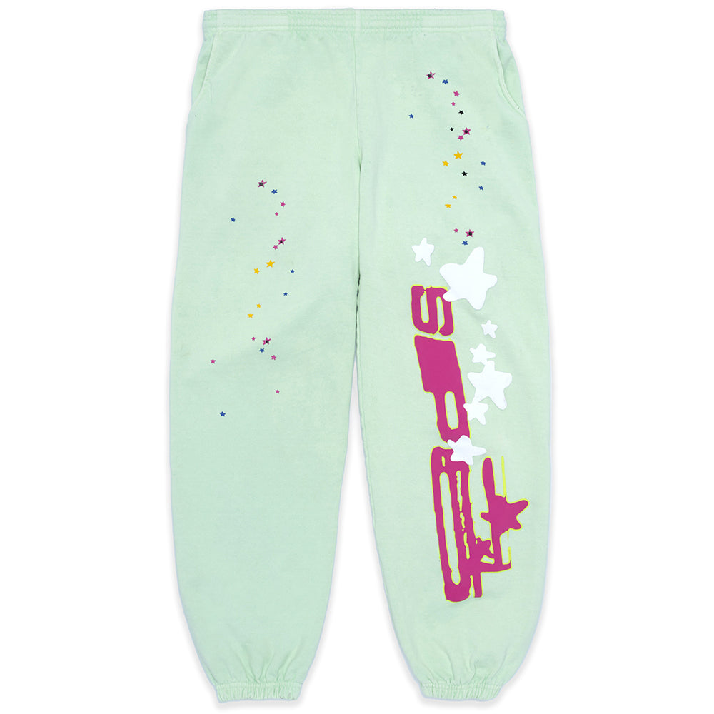 SP5 Mint Sweatpant, light green fleece with pink SP5 text and colorful star prints.