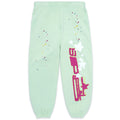 SP5 Mint Sweatpant, light green fleece with pink SP5 text and colorful star prints.
