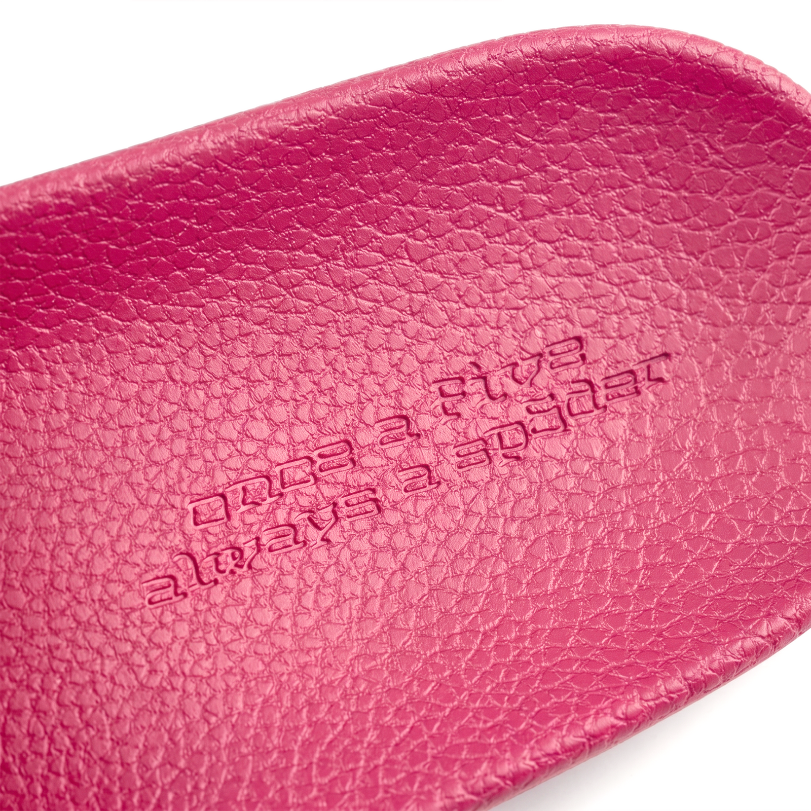 Diablo Pink Slide 001, close-up of textured pink rubber footbed with embossed "Once A Five Always A Spider" graphic print.