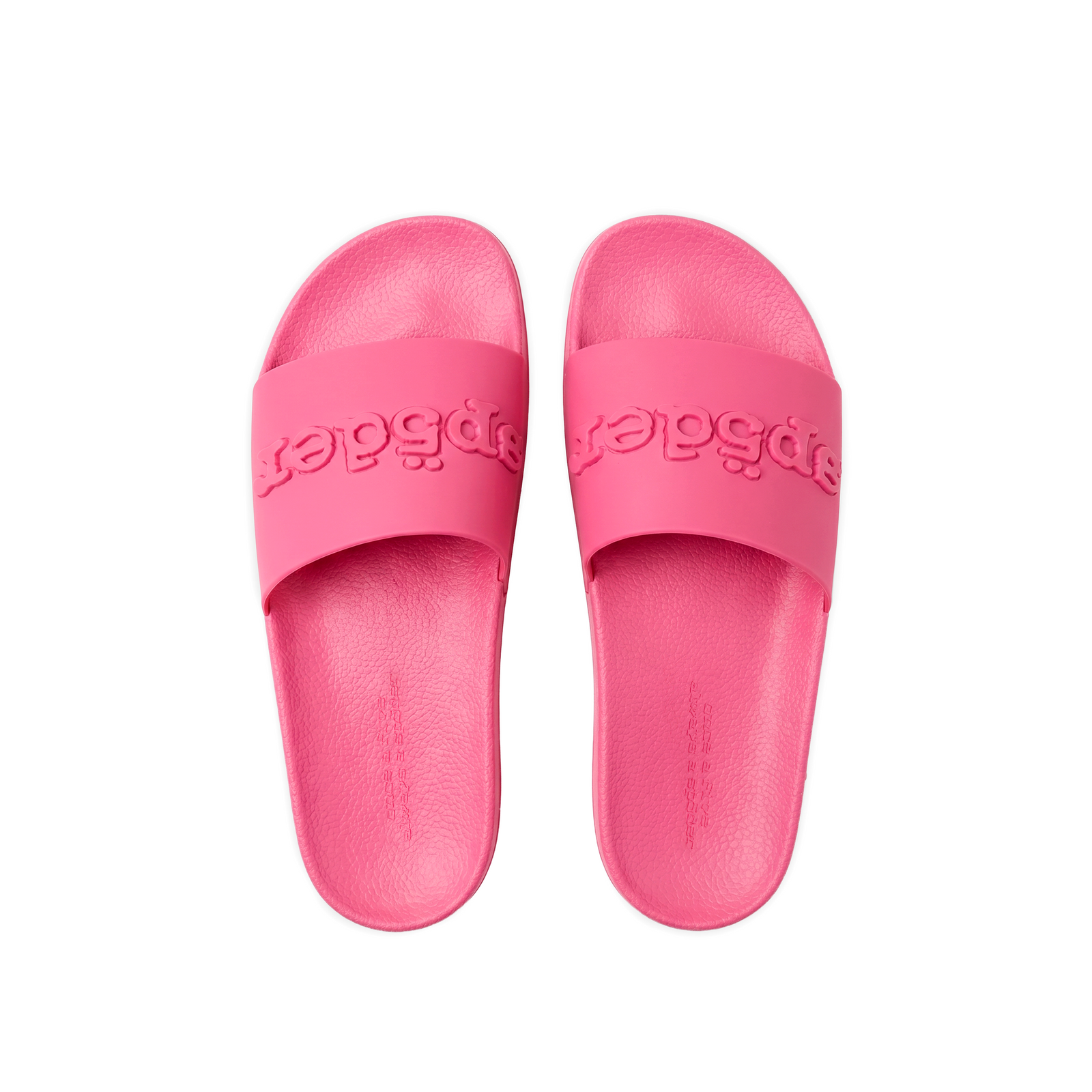 Diablo Pink rubber slides with bonded logo on vamp and web graphic design on treaded sole.