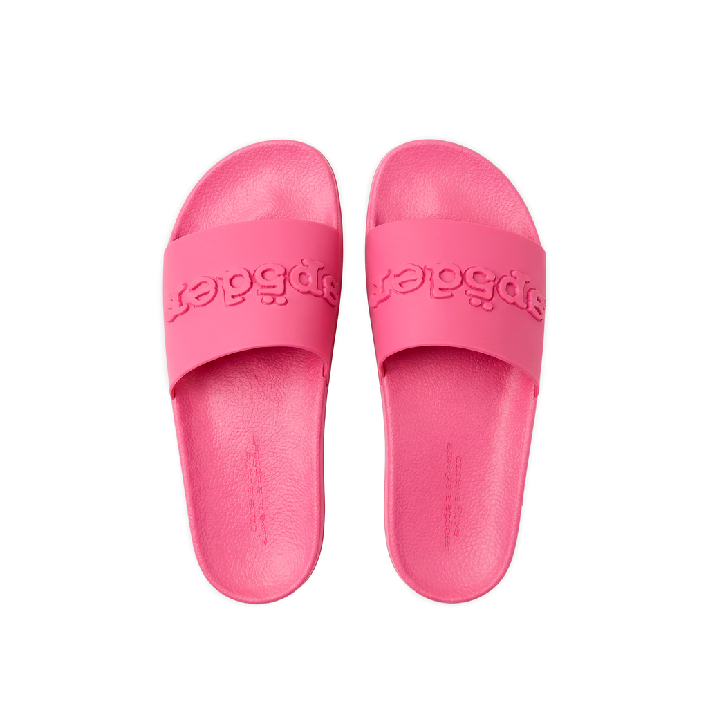 Diablo Pink rubber slides with bonded logo on vamp and web graphic design on treaded sole.