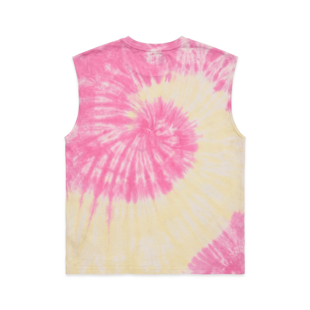 Pink and yellow tie-dye cotton tank top with "ATLANTA DREAMER" graphic print and raw-cut armholes.