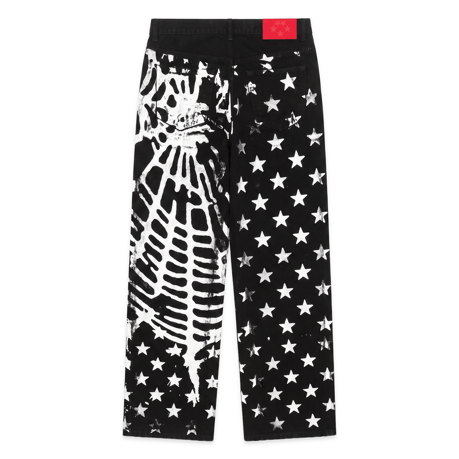 Black denim pants with white stars and web graphic print, five-pocket styling.