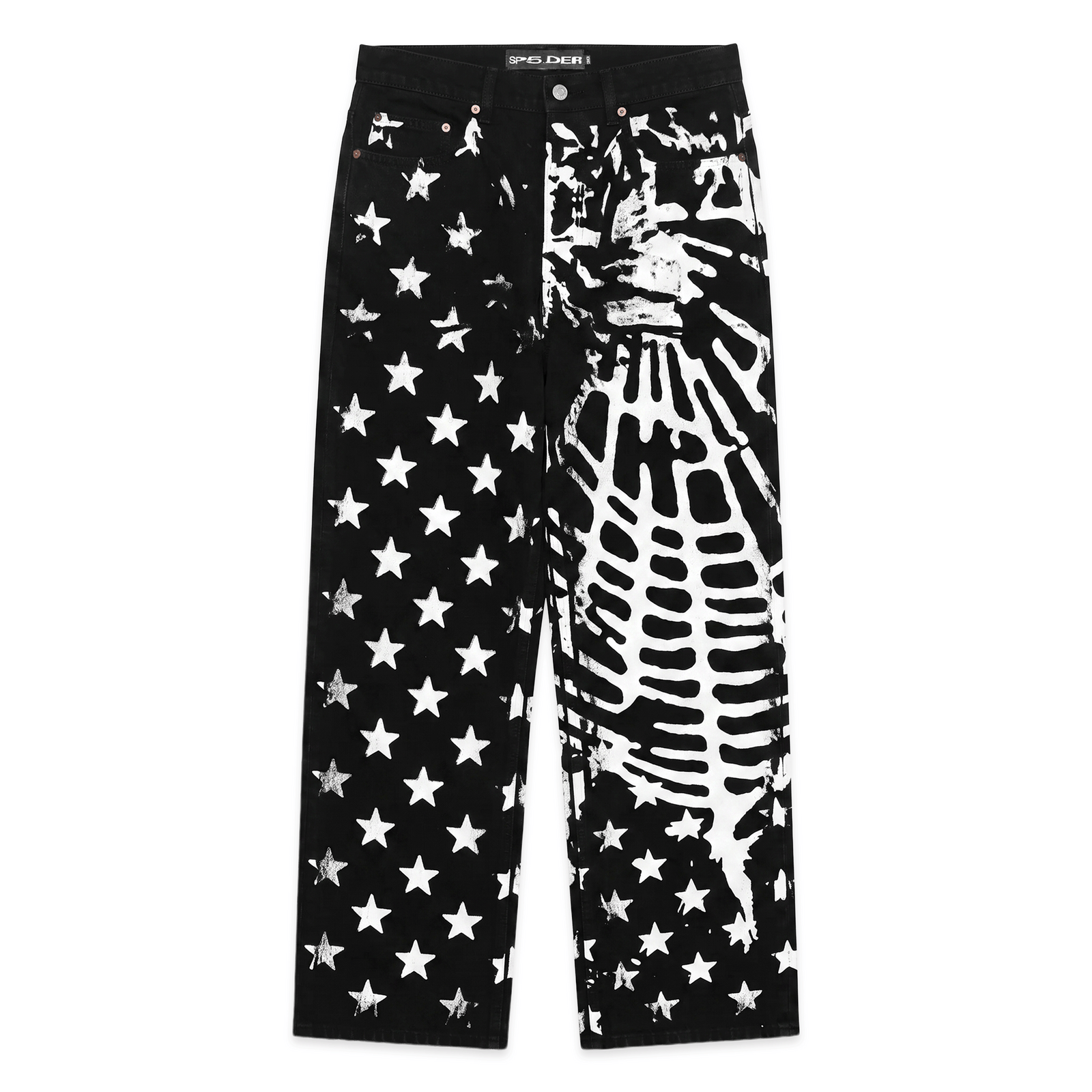 Black denim pants with white stars and web graphic print, five-pocket styling.